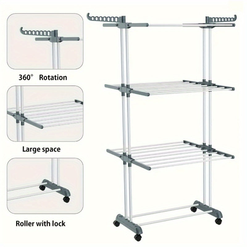Stendibiancheria Pieghevole 3 Ripiani con Ruote - 172cm Metallo Resistente 24 Aste