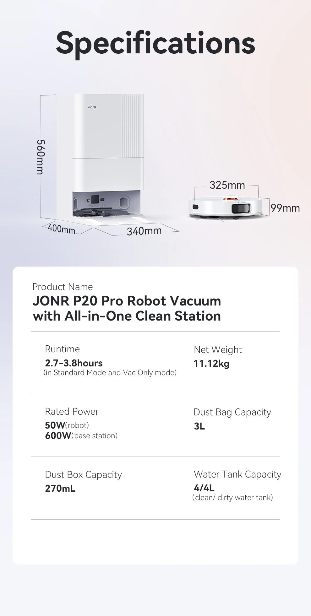 Robot Aspirapolvere JONR P20 Pro - Lavaggio e Aspirazione 8000Pa con Stazione Autopulente