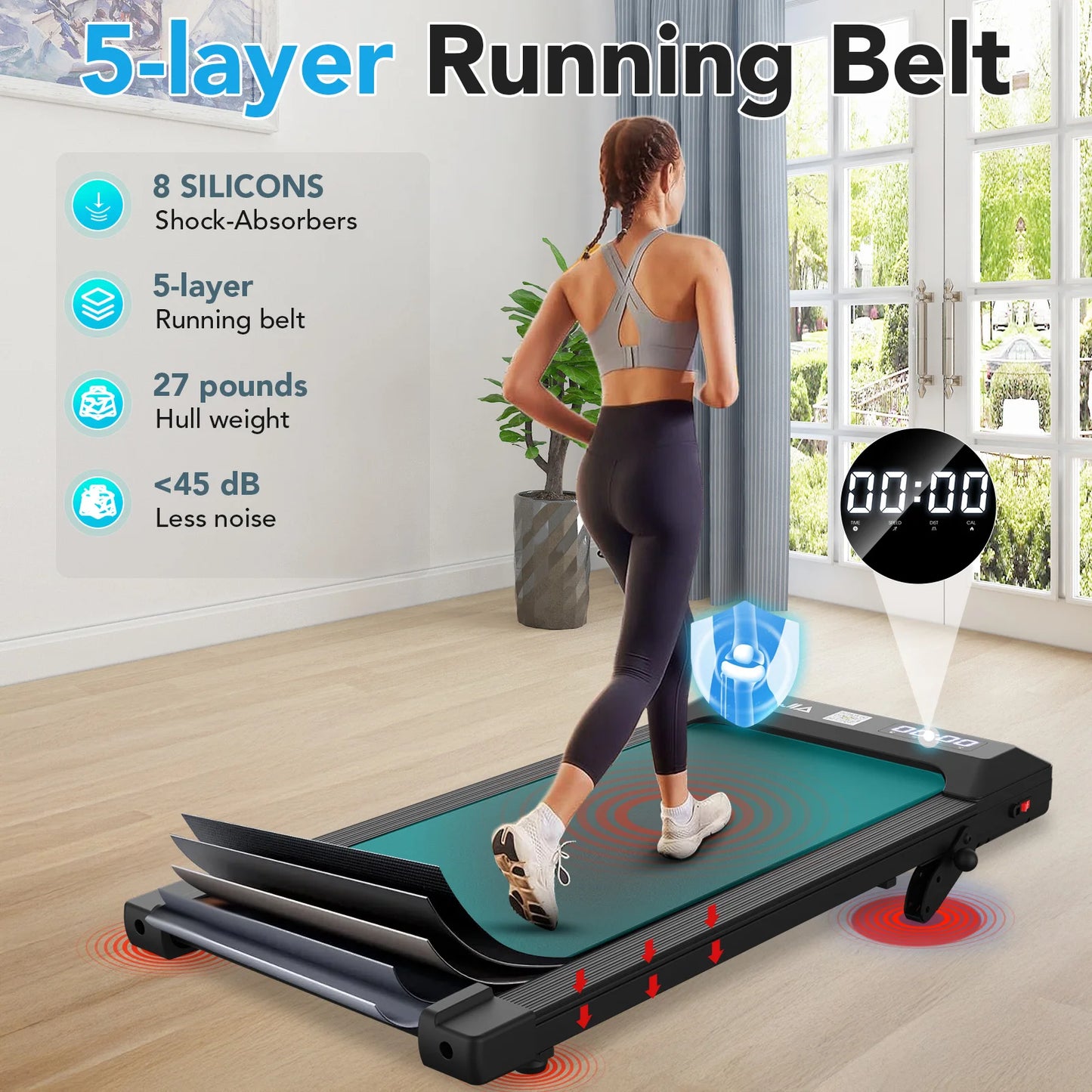 Treadmill with Remote, App & Button Control | LED Display | Safety Clip | Bluetooth Music | Quiet for Home/Office