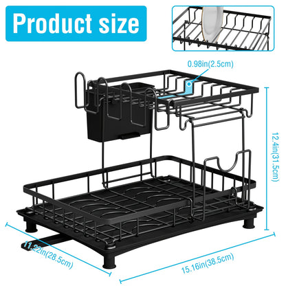 Scolapiatti 2 Ripiani con Vaschetta Raccogligocce - Porta Posate e Bicchieri Salvaspazio