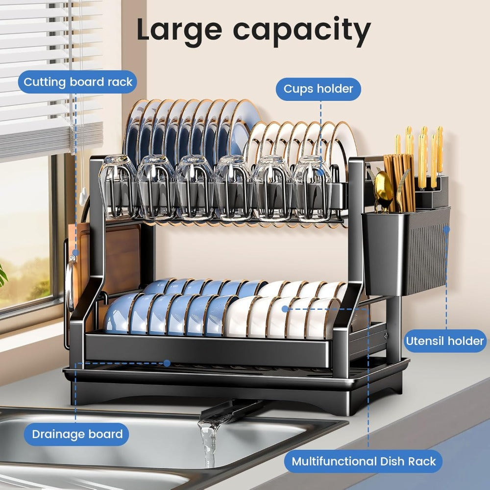 3-Tier 2-tier Kitchen Dish Rack Dish Drying Rack Drainboard Set Rust-Proof Dish Drainer with Utensil Holder Dinnerware Storage