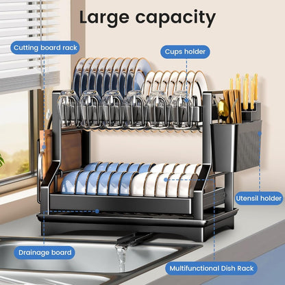 3-Tier 2-tier Kitchen Dish Rack Dish Drying Rack Drainboard Set Rust-Proof Dish Drainer with Utensil Holder Dinnerware Storage