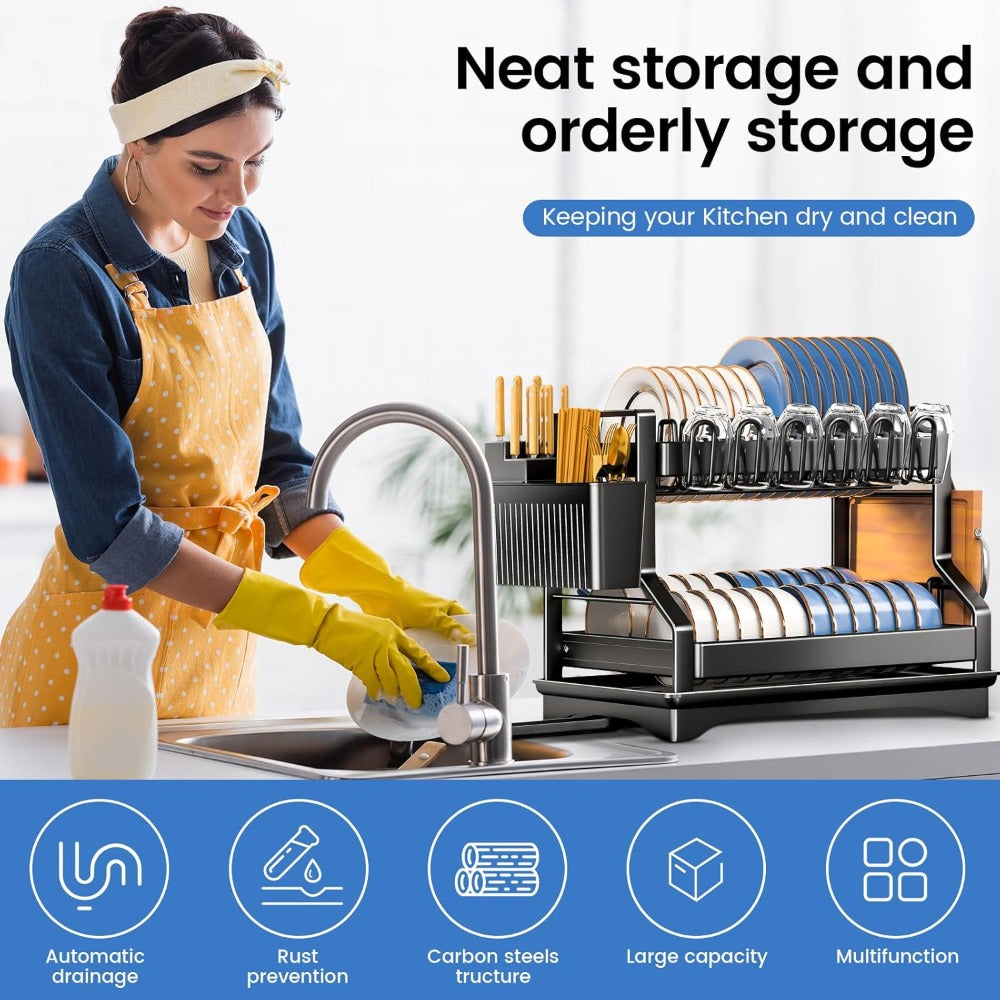 3-Tier 2-tier Kitchen Dish Rack Dish Drying Rack Drainboard Set Rust-Proof Dish Drainer with Utensil Holder Dinnerware Storage