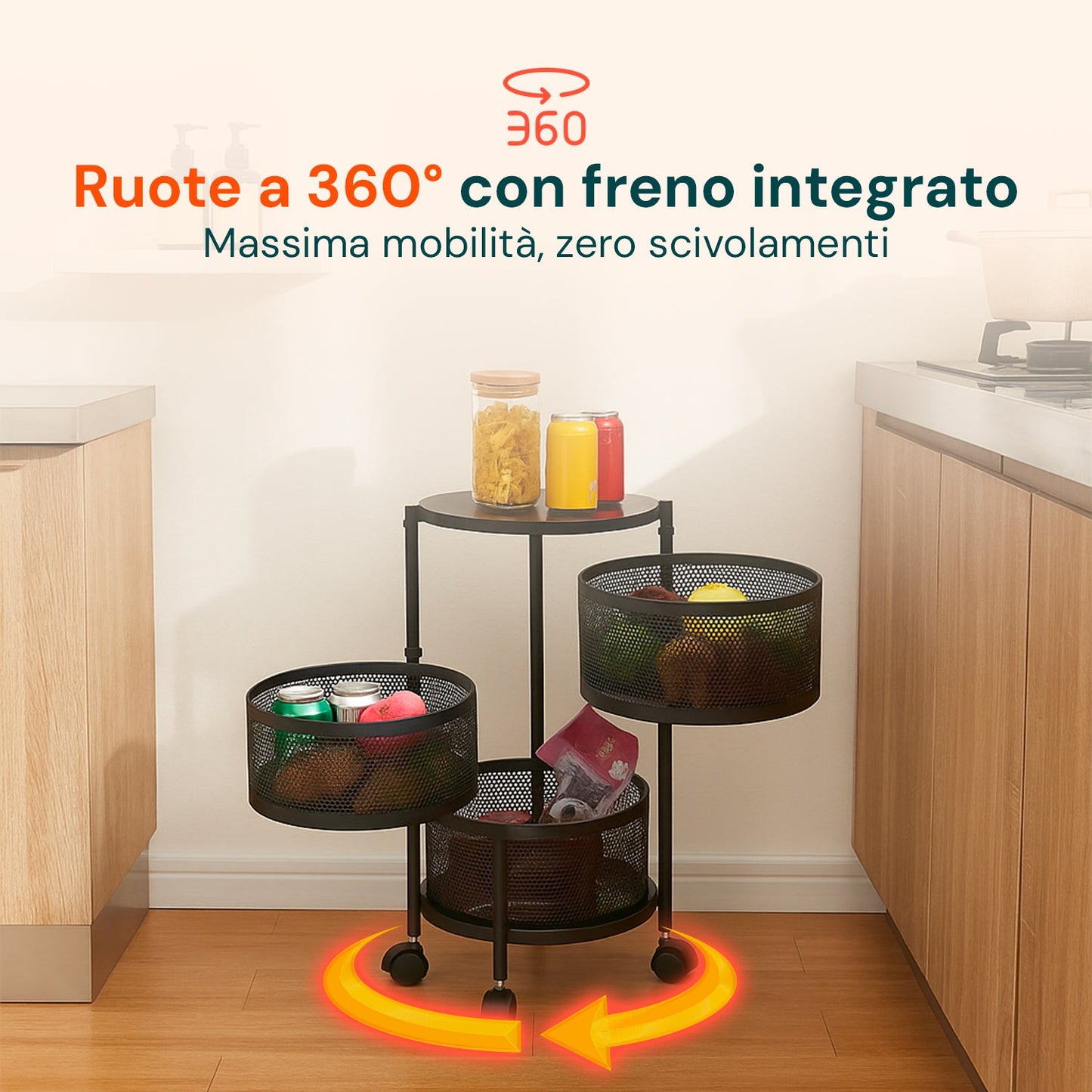 Carrello Pieghevole Multifunzione AVILIA con Ruote - 5 Cestelli Salvaspazio in Metallo, Nero