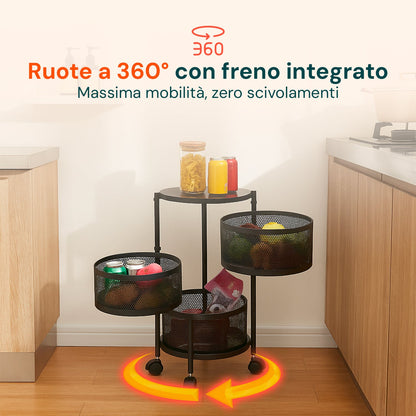Carrello Pieghevole Multifunzione AVILIA con Ruote - 5 Cestelli Salvaspazio in Metallo, Nero