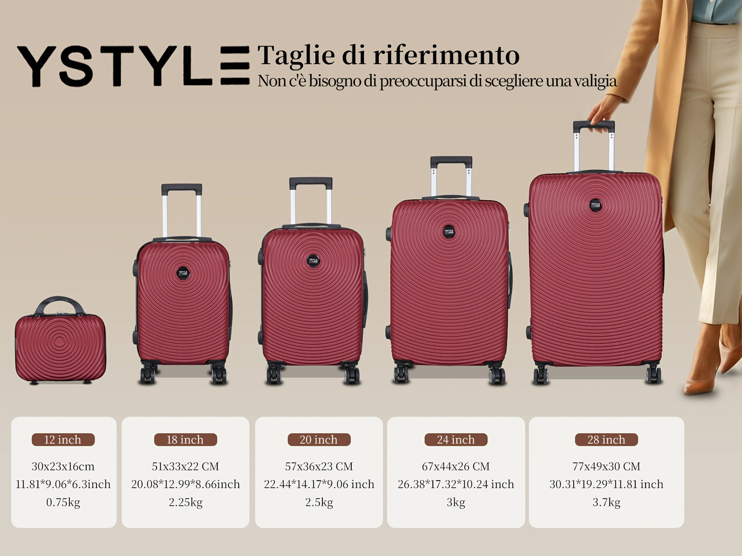 Set Valigie Rigide ABS YSTYLE 3/5 Pezzi con Lucchetto TSA e Ruote Silenziose 360° | 12-28 Pollici
