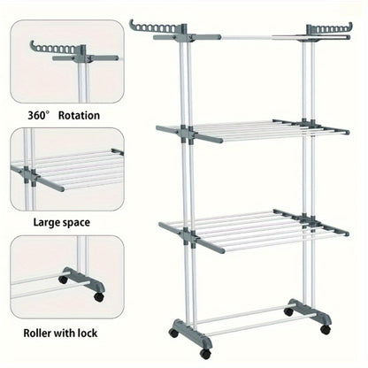 Stendibiancheria Pieghevole 3 Ripiani con Ruote - 172cm Metallo Resistente 24 Aste