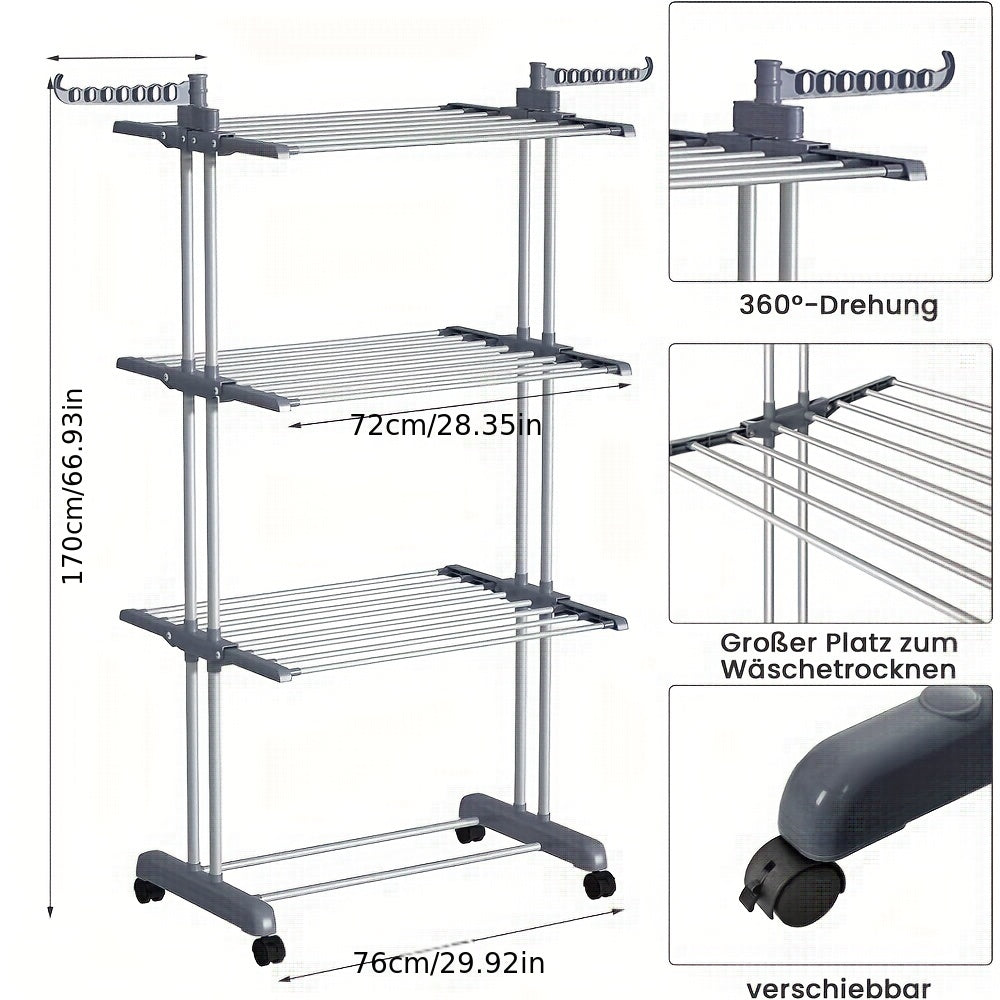 Stendibiancheria Pieghevole 3 Livelli con Ruote - Furnestorica Grigio