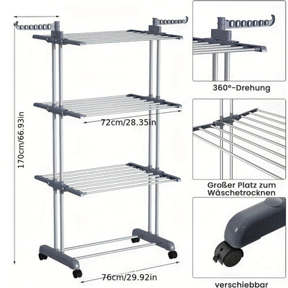 Stendibiancheria Pieghevole 3 Livelli con Ruote - Furnestorica Grigio