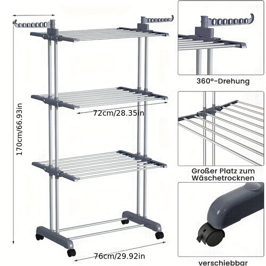 Stendibiancheria Pieghevole 3 Livelli con Ruote - Furnestorica Grigio