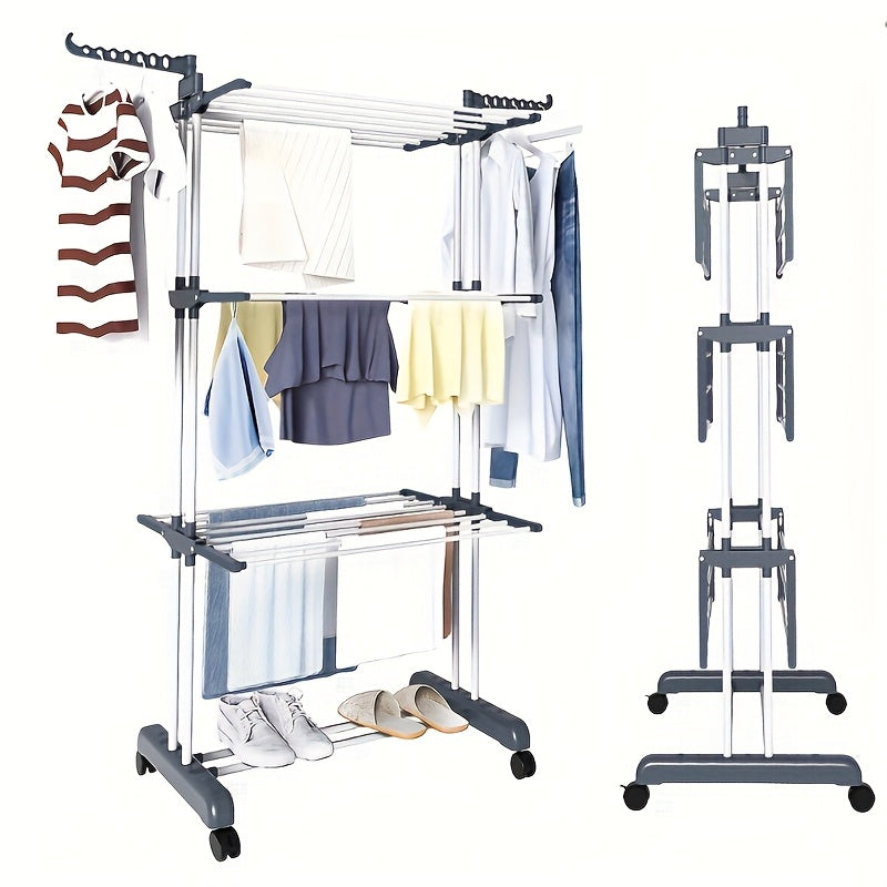 Stendibiancheria Pieghevole 3 Ripiani con Ruote - 172cm Metallo Resistente 24 Aste