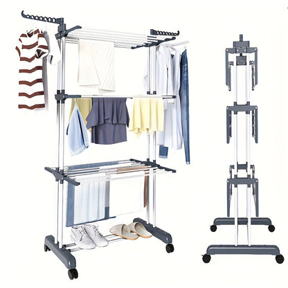 Stendibiancheria Pieghevole 3 Ripiani con Ruote - 172cm Metallo Resistente 24 Aste