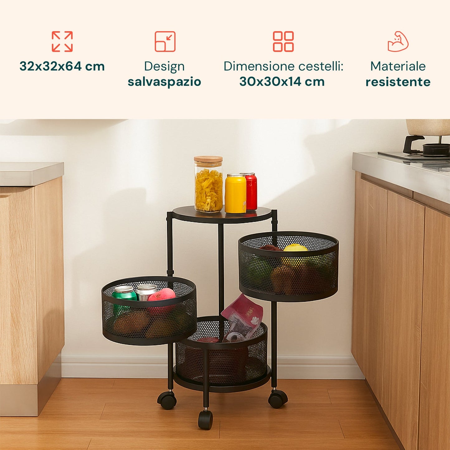 Carrello Pieghevole Multifunzione AVILIA con Ruote - 5 Cestelli Salvaspazio in Metallo, Nero