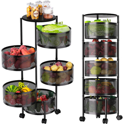 Carrello Pieghevole Multifunzione AVILIA con Ruote - 5 Cestelli Salvaspazio in Metallo, Nero