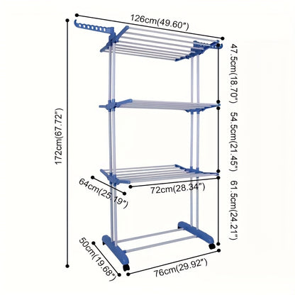 Stendibiancheria Pieghevole 3 Ripiani con Ruote - 172cm Metallo Resistente 24 Aste