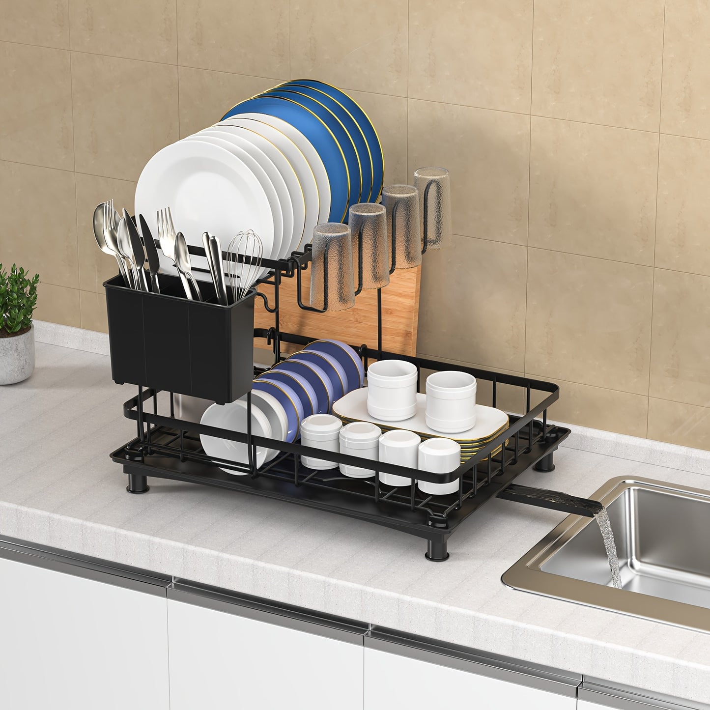 Scolapiatti 2 Ripiani con Vaschetta Raccogligocce - Porta Posate e Bicchieri Salvaspazio