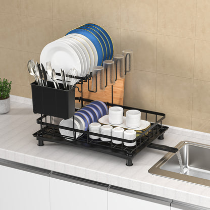 Scolapiatti 2 Ripiani con Vaschetta Raccogligocce - Porta Posate e Bicchieri Salvaspazio