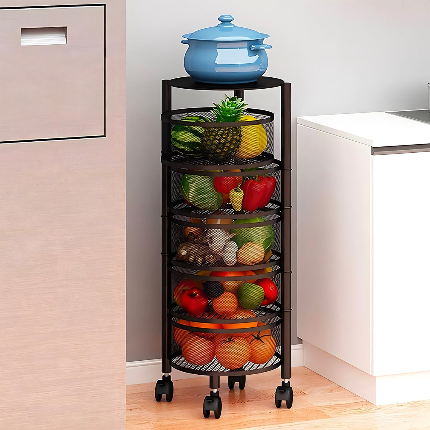 Carrello Pieghevole Multifunzione AVILIA con Ruote - 5 Cestelli Salvaspazio in Metallo, Nero