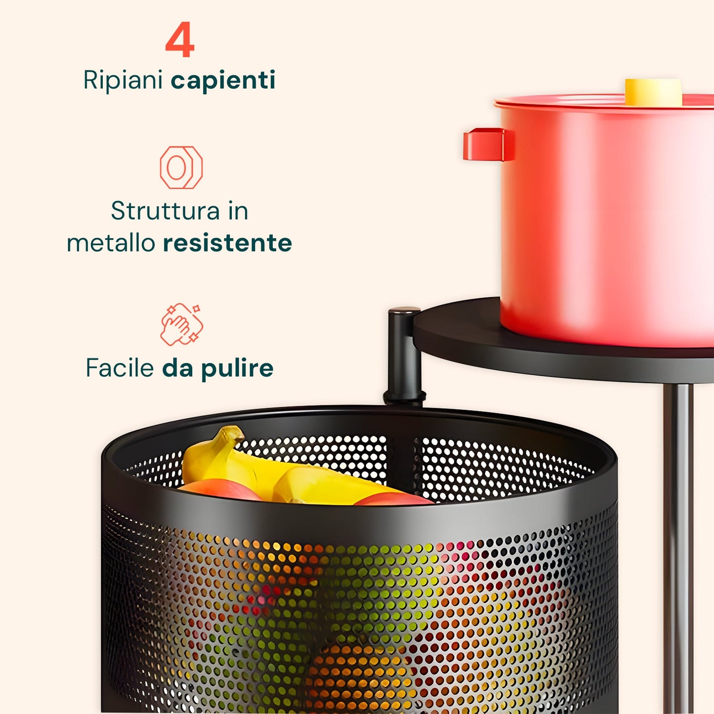 Carrello Pieghevole Multifunzione AVILIA con Ruote - 5 Cestelli Salvaspazio in Metallo, Nero