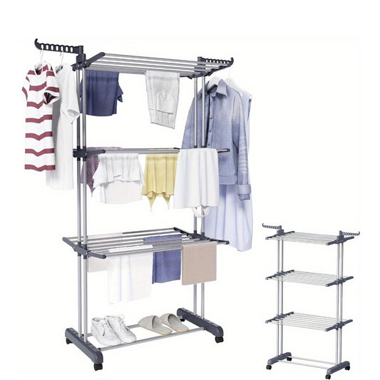 Folding Stainless Steel Multi-Level Spotless Clothes Rack with Wheels 2 Plastic Holders with 7 Holes Each Ideal for Reduced Spaces