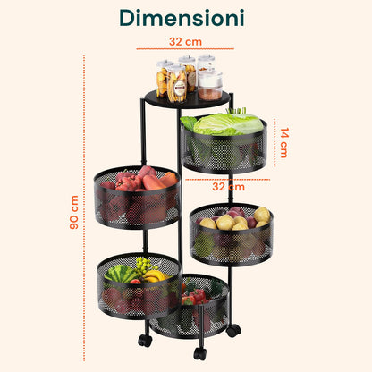 Carrello Pieghevole Multifunzione AVILIA con Ruote - 5 Cestelli Salvaspazio in Metallo, Nero