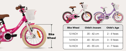 HILAND Girls Bike for Toddlers and Kids Ages 2-7 Years Old, 12 14 16 Inch Kids Bike for Boy and Girl with Training Wheels Basket
