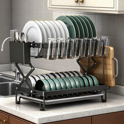 2 Layers Dish Drying Rack With Drainboard Household Dish Storage Holder Carbon Steel Sink Kitchen Organizer with Cutlery Holder
