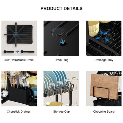 2 Layers Dish Drying Rack With Drainboard Household Dish Storage Holder Carbon Steel Sink Kitchen Organizer with Cutlery Holder