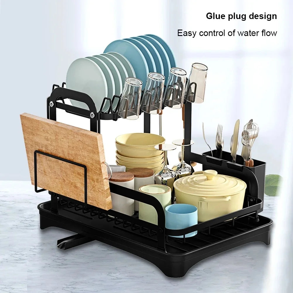 2 Layers Dish Drying Rack With Drainboard Household Dish Storage Holder Carbon Steel Sink Kitchen Organizer with Cutlery Holder