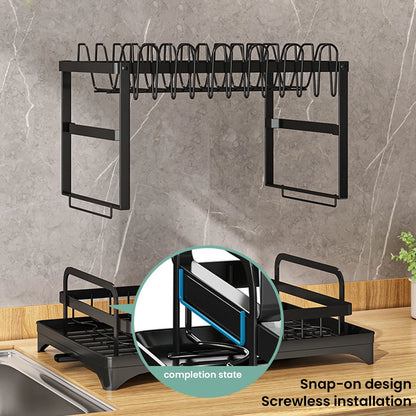 2 Layers Dish Drying Rack With Drainboard Household Dish Storage Holder Carbon Steel Sink Kitchen Organizer with Cutlery Holder