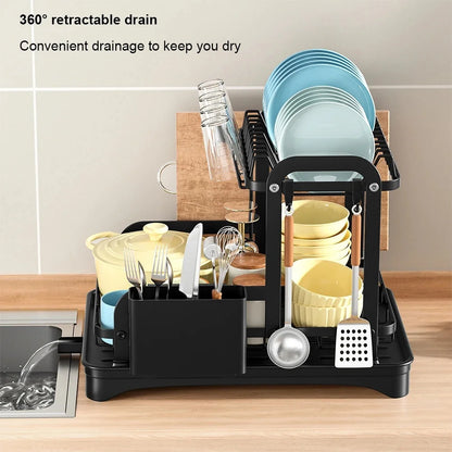2 Layers Dish Drying Rack With Drainboard Household Dish Storage Holder Carbon Steel Sink Kitchen Organizer with Cutlery Holder