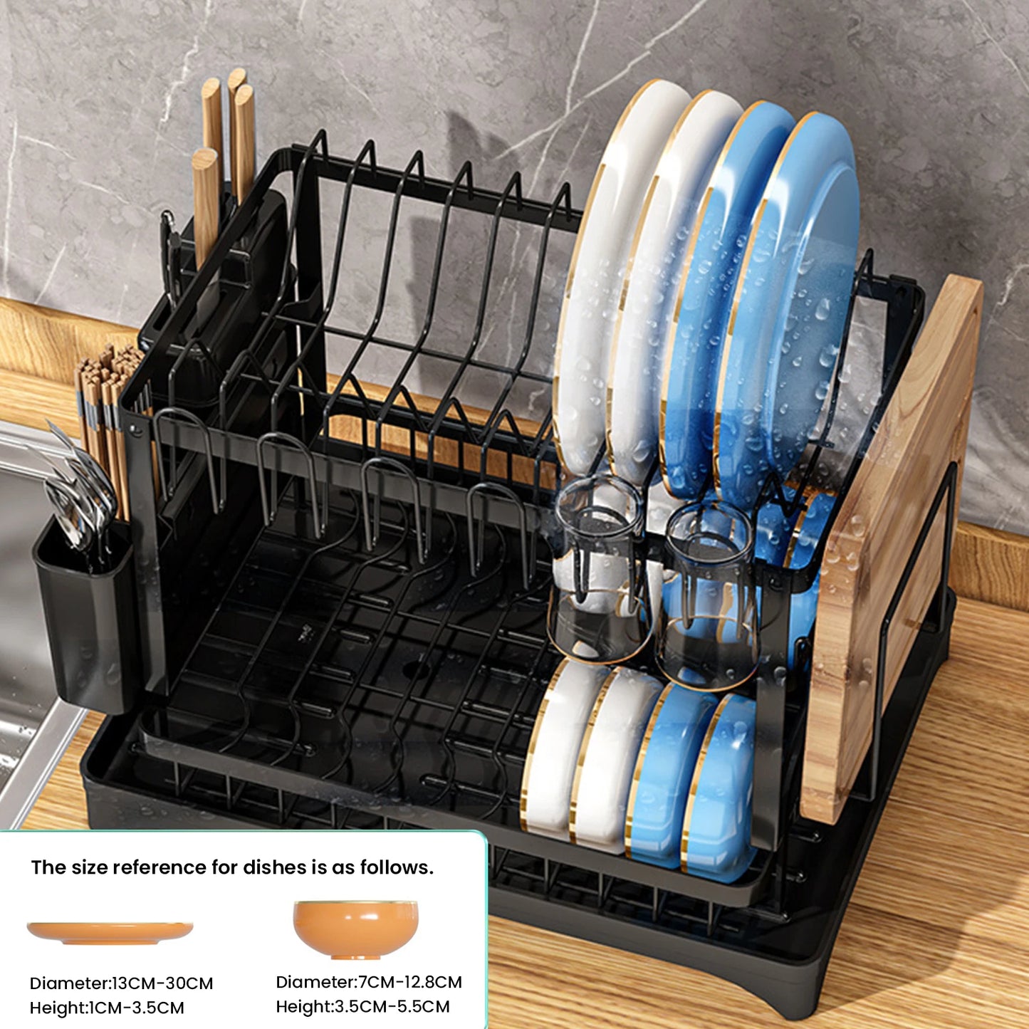 2 Layers Dish Drying Rack With Drainboard Household Dish Storage Holder Carbon Steel Sink Kitchen Organizer with Cutlery Holder