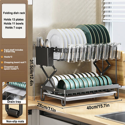 2 Layers Dish Drying Rack With Drainboard Household Dish Storage Holder Carbon Steel Sink Kitchen Organizer with Cutlery Holder
