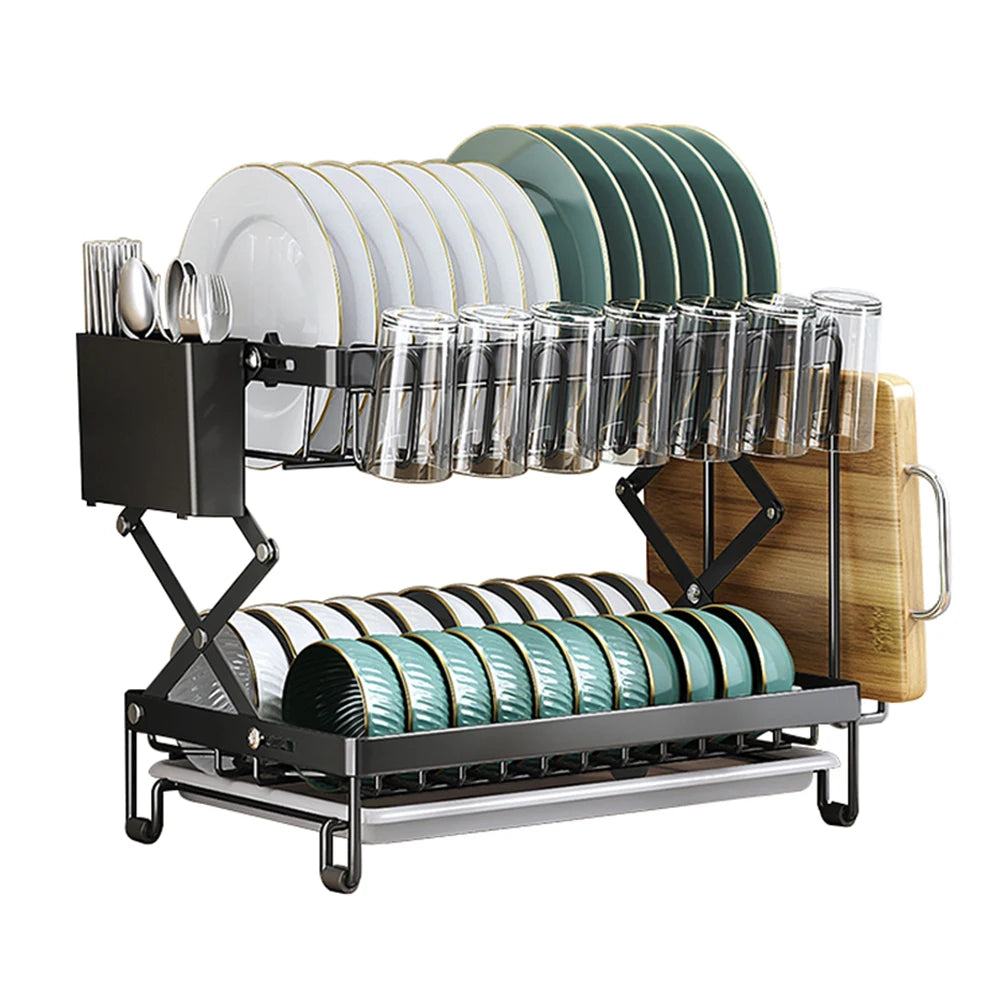 2 Layers Dish Drying Rack With Drainboard Household Dish Storage Holder Carbon Steel Sink Kitchen Organizer with Cutlery Holder