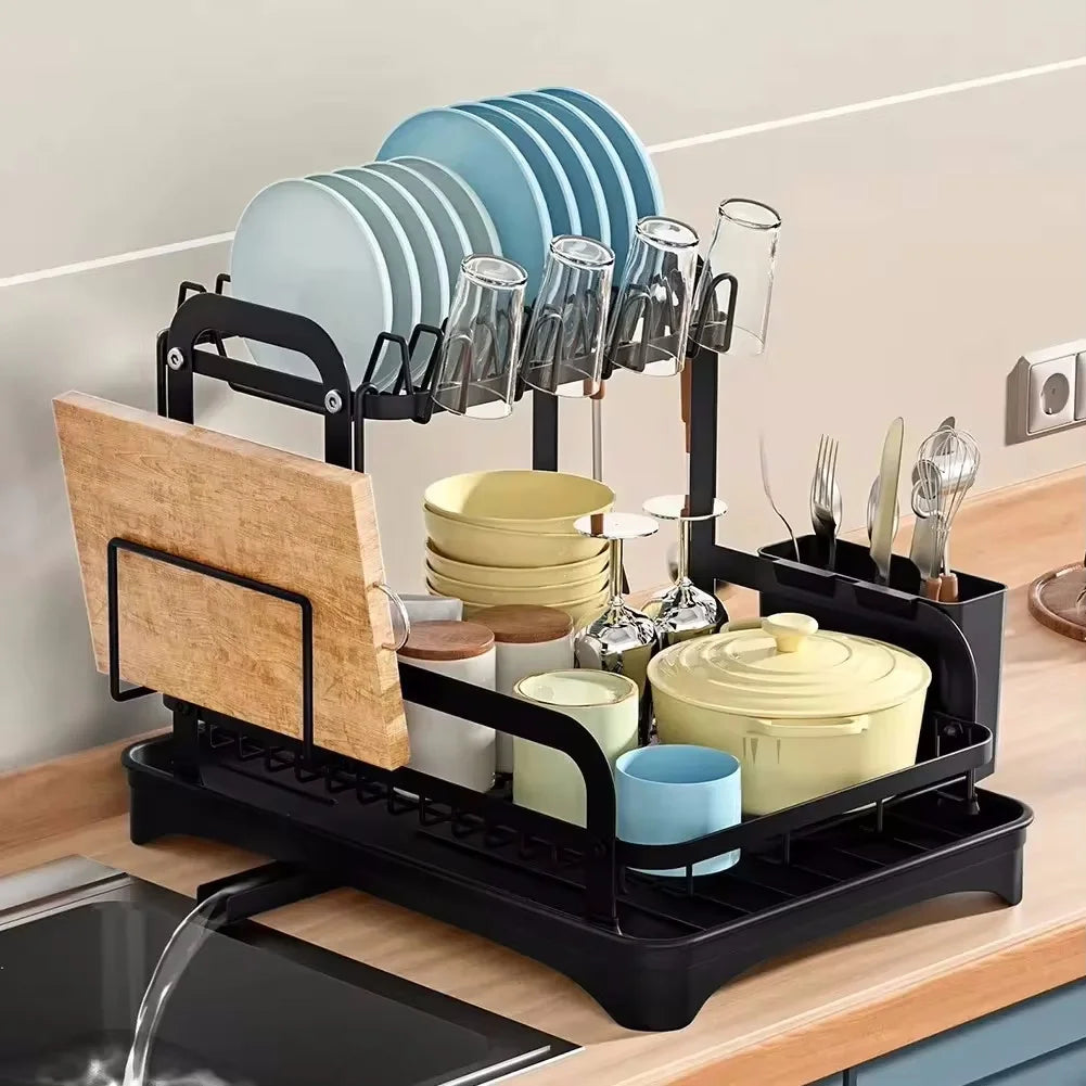 2 Layers Dish Drying Rack With Drainboard Household Dish Storage Holder Carbon Steel Sink Kitchen Organizer with Cutlery Holder