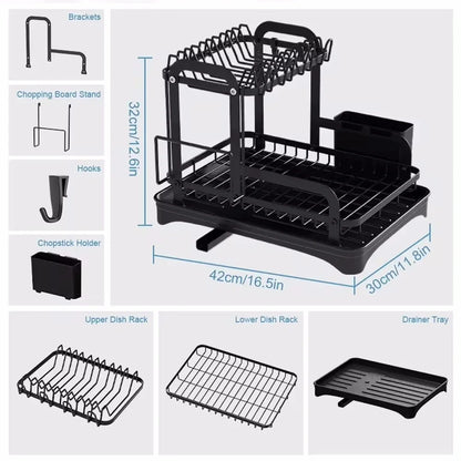 2 Layers Dish Drying Rack With Drainboard Household Dish Storage Holder Carbon Steel Sink Kitchen Organizer with Cutlery Holder