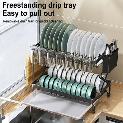 2 Layers Dish Drying Rack With Drainboard Household Dish Storage Holder Carbon Steel Sink Kitchen Organizer with Cutlery Holder