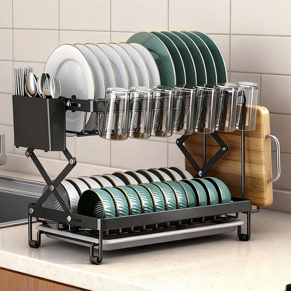 2 Layers Dish Drying Rack With Drainboard Household Dish Storage Holder Carbon Steel Sink Kitchen Organizer with Cutlery Holder