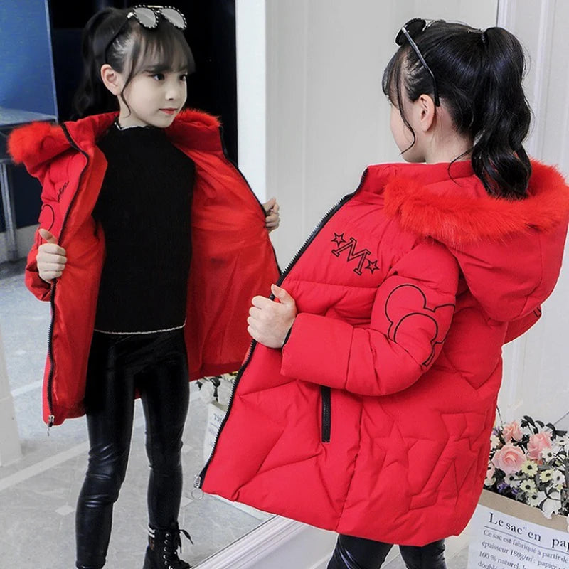 Big Size Winter Girls Jackets Keep Warm Thicken Christmas Coat Autumn Hooded Zipper Waterproof Outerwear Kids Clothes 3-12 Years