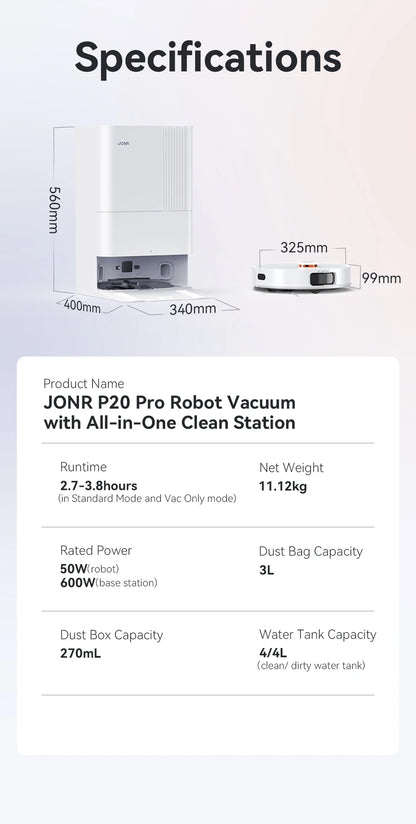 Robot Aspirapolvere JONR P20 Pro - Lavaggio e Aspirazione 8000Pa con Stazione Autopulente