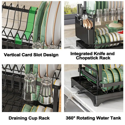 Stendino per piatti da cucina a 2 livelli, scolapiatti, scolapiatti, con cestello di scarico, organizer per stoviglie da appoggio