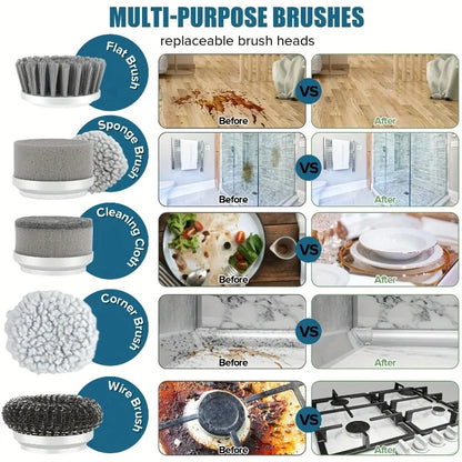 Electric Spin Scrubber, Bathroom Cordless Cleaning Brush Power Scrubber with 5 Replaceable Brush Heads, Electric Cleaning Brush