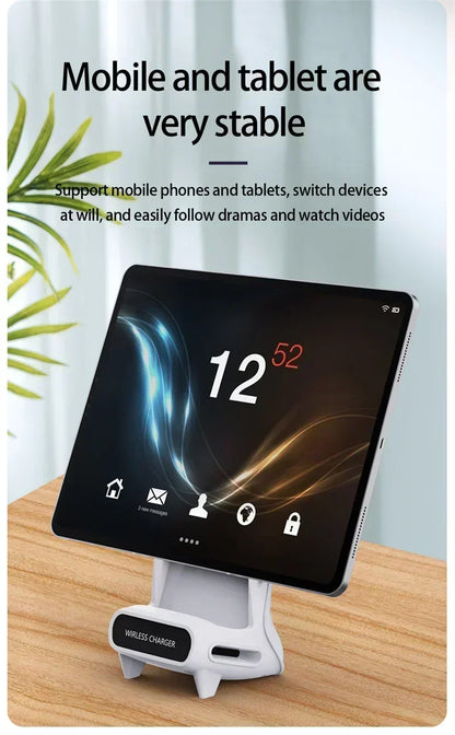 Caricabatterie wireless da tavolo con supporto per telefono altoparlante per iPhone 16-12 Pro Max Samsung S25 S24 Xiaomi stazione di ricarica intelligente