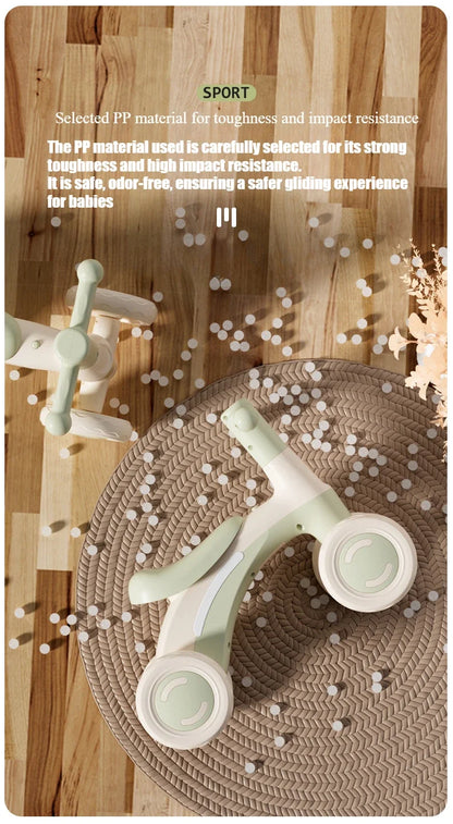 Anti-Tip Baby Balance Bike Ages 1-3 4-Wheel Silent Glider Walker Toy Toddler Training Ride-On with Safety Wheels Indoor Outdoor