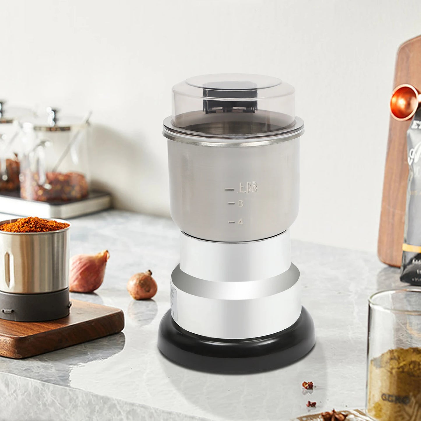 Macinacaffè Elettrico 300W, Macina Cereali e Spezie da 500ml con Cucchiaio e Spazzola, Base Antiscivolo per Casa e Snack Bar