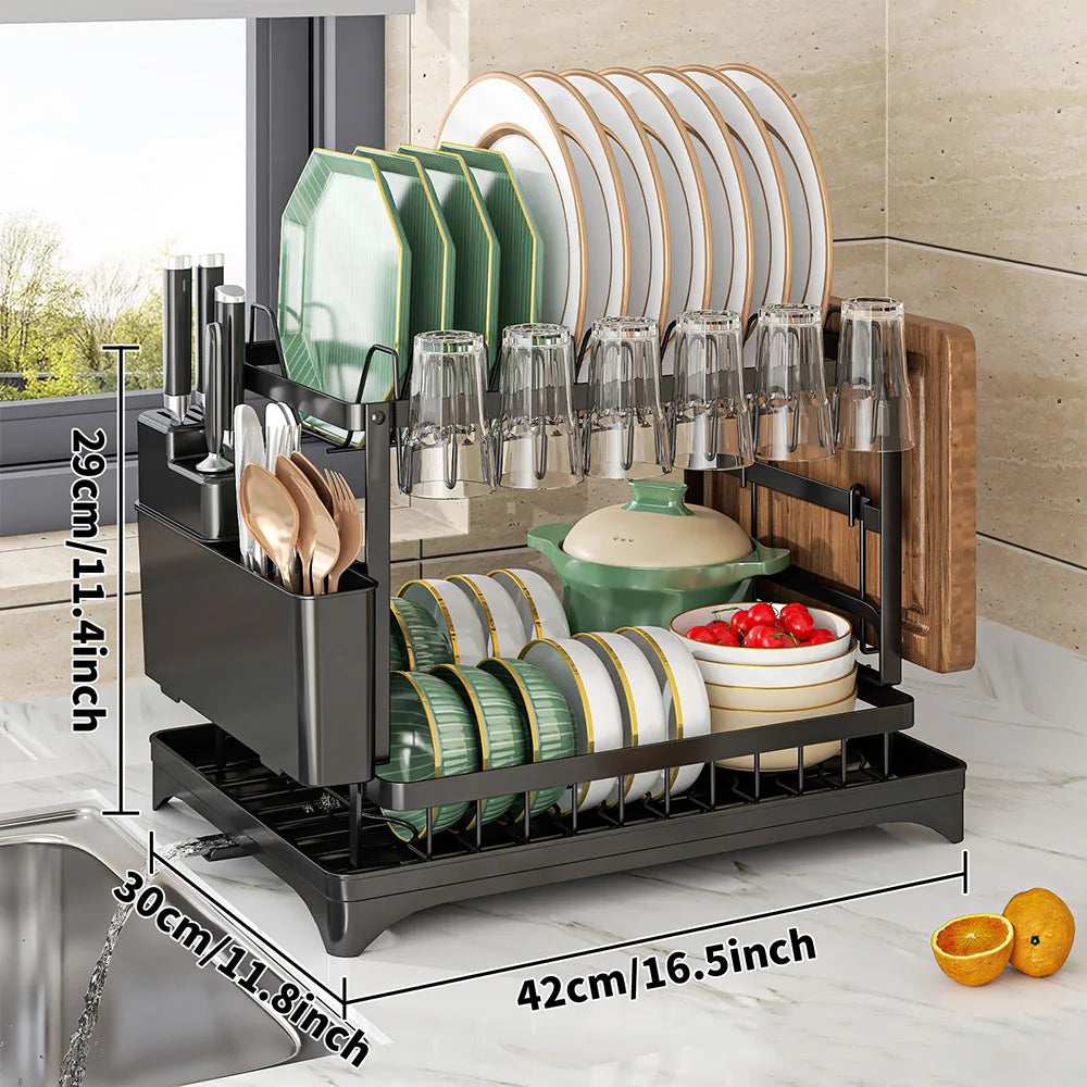 Stendino per piatti da cucina a 2 livelli, scolapiatti, scolapiatti, con cestello di scarico, organizer per stoviglie da appoggio