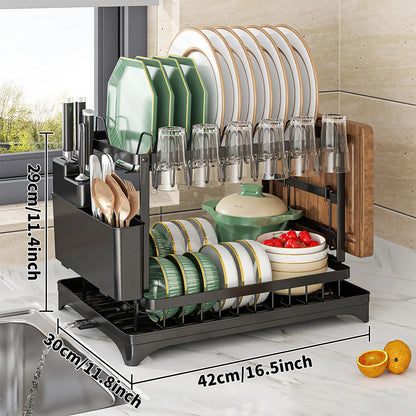 Stendino per piatti da cucina a 2 livelli, scolapiatti, scolapiatti, con cestello di scarico, organizer per stoviglie da appoggio