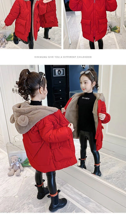 Big Size Winter Girls Jackets Keep Warm Thicken Christmas Coat Autumn Hooded Zipper Waterproof Outerwear Kids Clothes 3-12 Years