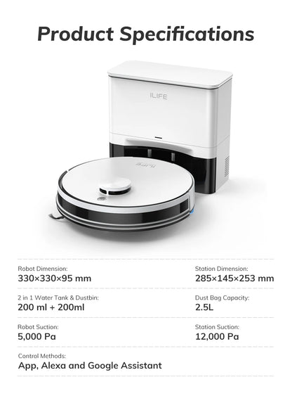 ILIFE A30 PRO 5000Pa Suction, Robot Vacuum and Mop Combo, Self emptying, 60 day capacity,  App/remote , 180 minute running time