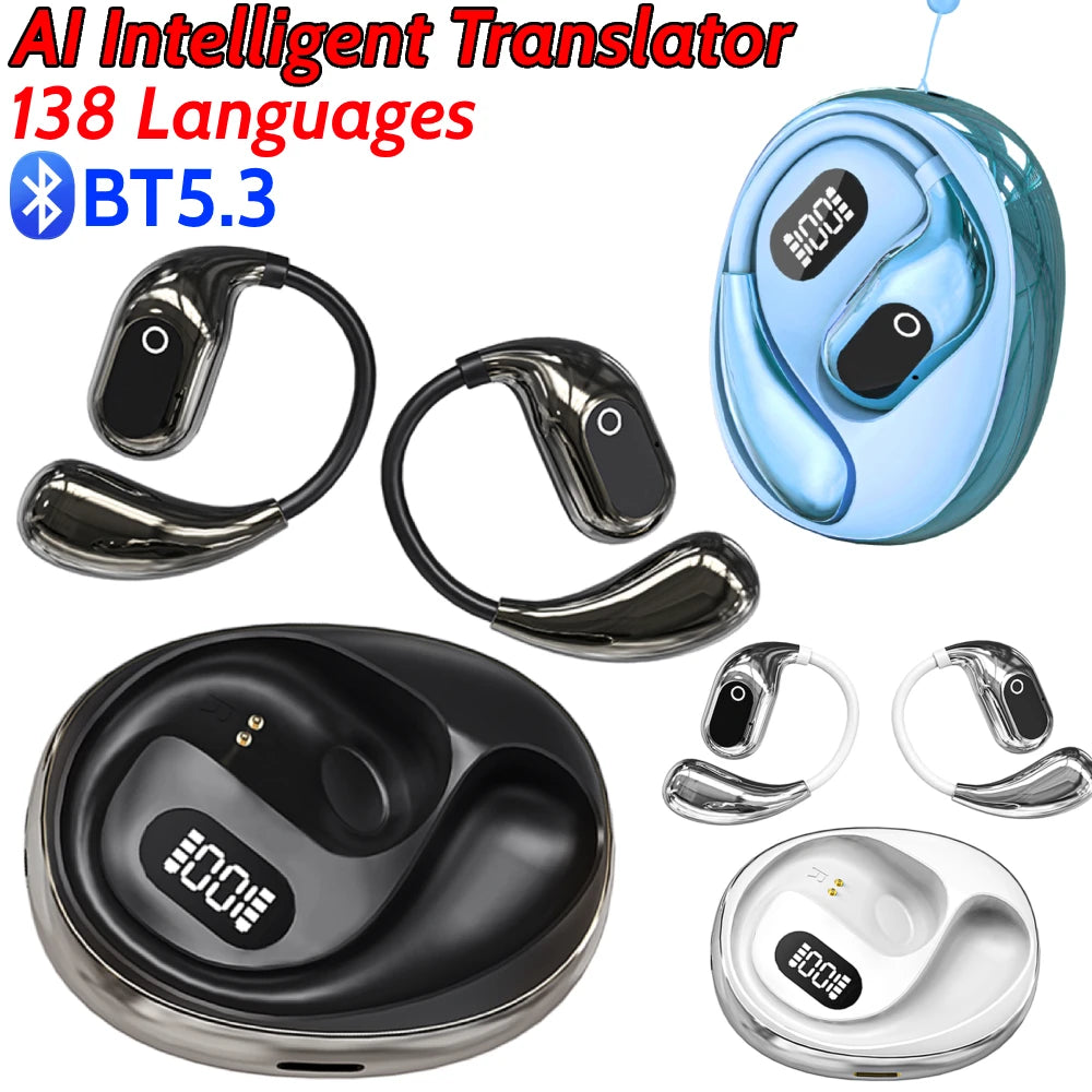 AI Intelligent Translator Earbuds Bluetooth-Compatible 5.3 Translation Earphones Open Ear Headphones for Sports Business Travel
